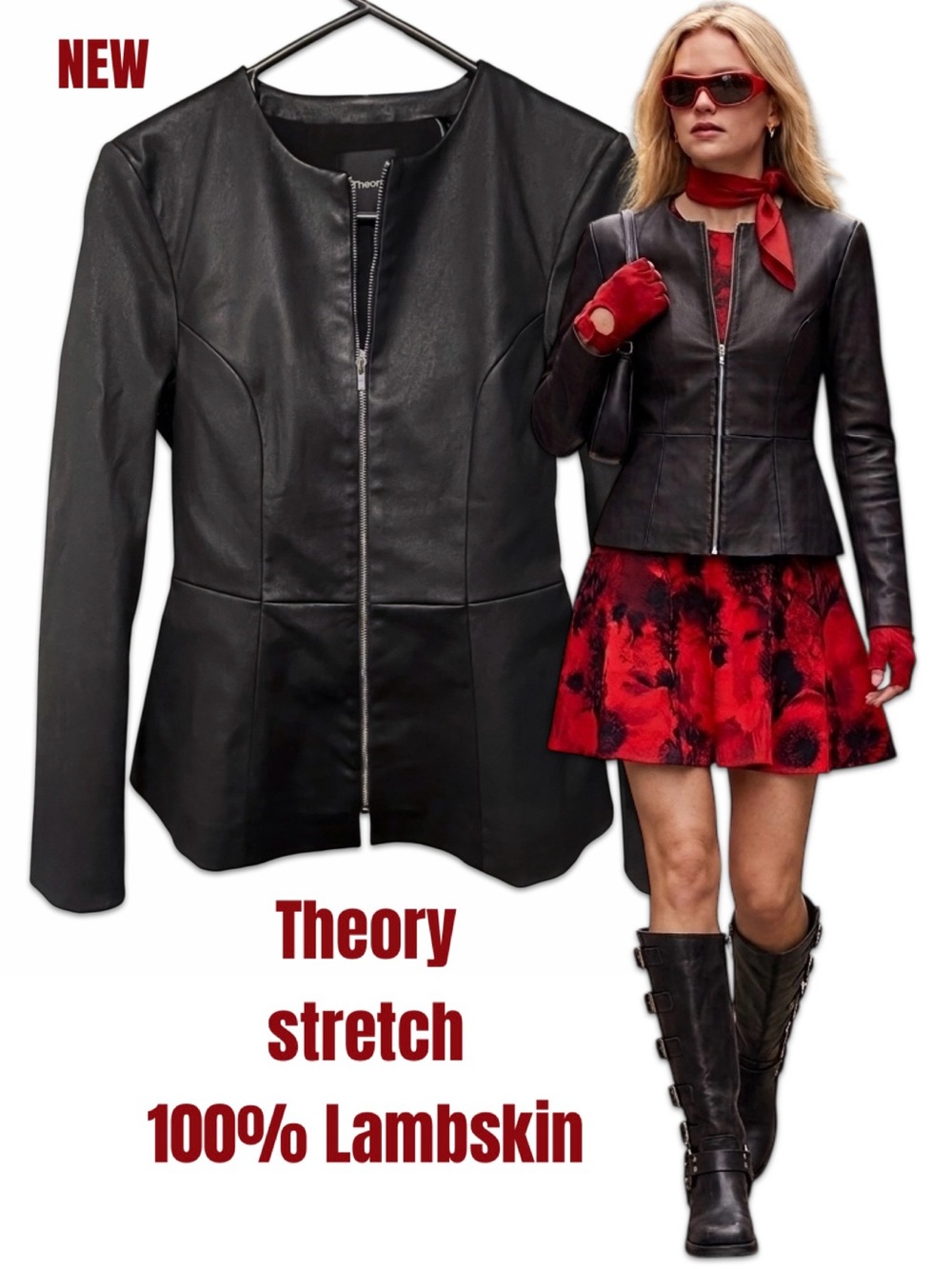 Theory Clean Fitted Stretch Lambskin Leather Peplum Zip Jacket 4 S Black Blazer